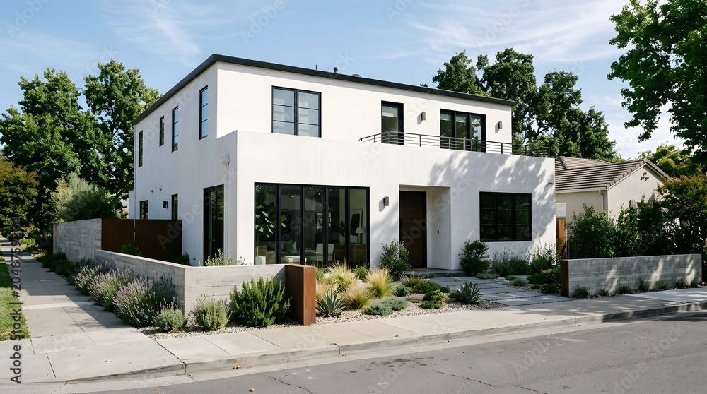 Fototapeta premium Modern White Rectangular House with Black Trim and Landscaping