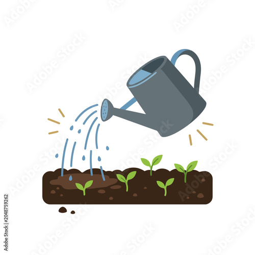 Watering Can Nurturing Seedlings Growth Flat Illustration