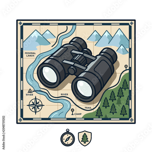 Outdoor Exploration Map with Binoculars and Camping Icons