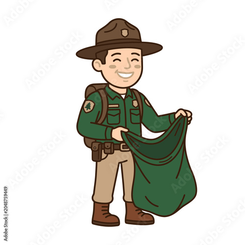 Happy Park Ranger Holding Green Bag for Nature Cleanup
