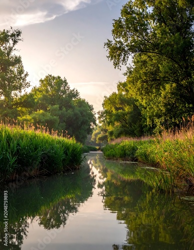 Serene river winding through lush green forest landscape.