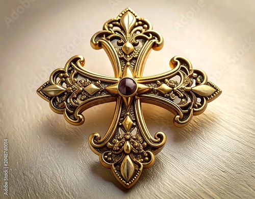 Intricate gold filigree jewelry brooch on fabric.