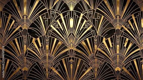 Intricate Art Deco Fan Motif Pattern in Monochrome Geometric Design Background