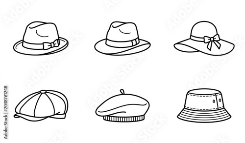 Fotografie Classic Fedora Hats Straw Sun Hats and Berets Line Art Vector Icons
