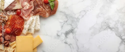 Obraz  z motywem Stylish selection of cured meats and cheeses on a polished white marble background