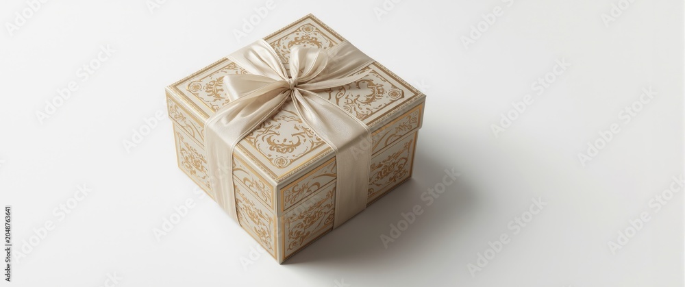 Obraz premium Stylish antique present box artistically wrapped displayed over solid white backdrop