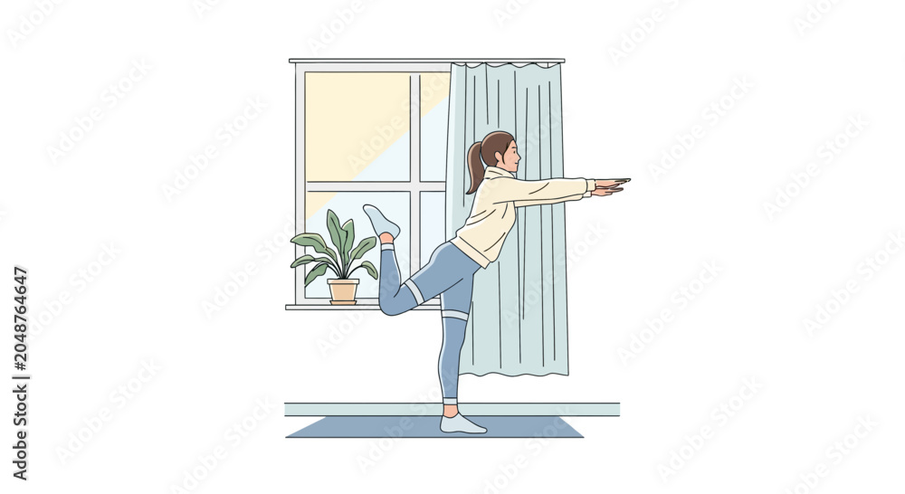 Fototapeta premium Woman practicing yoga at home, performing a balance pose near a window with sunlight.