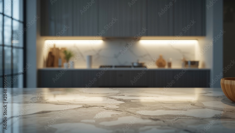 Fototapeta premium White marble tabletop for kitchen island with an indistinct kitchen interior scene