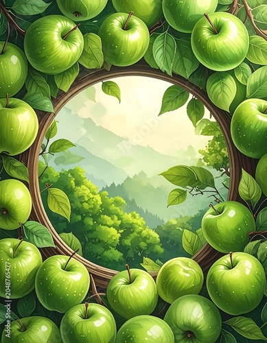 Fresh green apples hanging on tree branches.