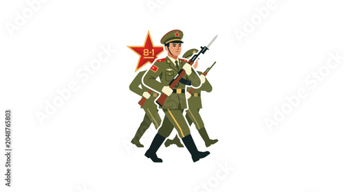 Cuadro en lienzo Chinese Soldiers Marching with Rifles and Bayonets, Red Star Emblem