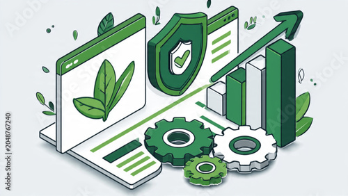 Eco-friendly technology and green growth illustrated with digital charts gears and leaves