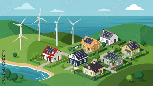 Eco-friendly rural neighborhood with solar panels and wind turbines in lush green landscape
