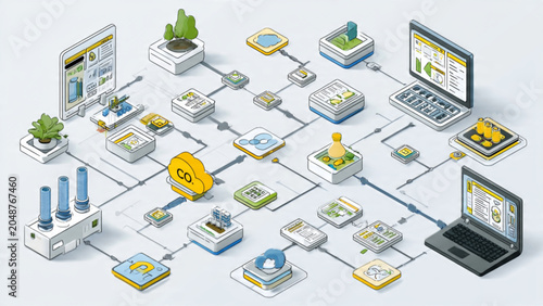 Isometric digital technology network diagram with cloud computing and data flow elements