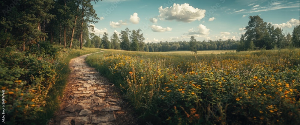 Obraz premium Top down image of a scenic path joining wooded area to a large meadow
