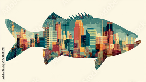 Abstract fish with cityscape silhouette blending urban buildings colors and shapes
