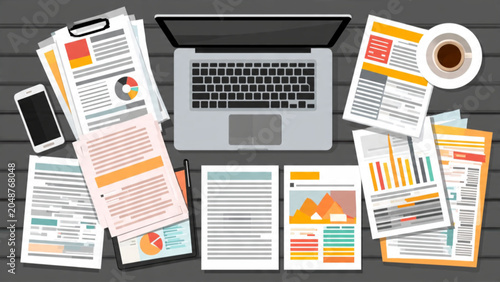 Workspace with laptop, documents, charts, and coffee on dark desk for business analysis