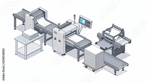 Automated industrial packaging machine with conveyor belts and robotic arms for manufacturing