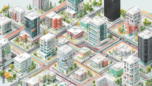 Colorful Modern Cityscape with Tall Buildings and Green Urban Spaces for Business use