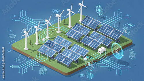 Renewable energy farm with solar panels and wind turbines on digital eco-friendly platform