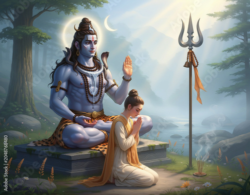 God Shiva gives a blessing to his disciple who kneels before him and prays to him