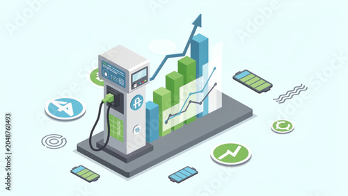 Smart Electric Vehicle Charger Connected to Mobile Device with Data Charts and Symbols