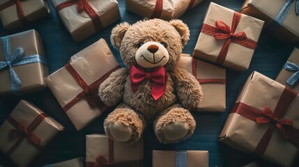 A collection of gift boxes with a plush teddy bear in the center, celebrating Safe Toys Month
