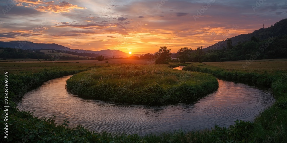 Obraz premium Quiet sunset over an undulating creek in a vibrant rural setting with distant hills