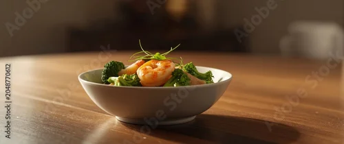 Obraz  z motywem Healthy meal featuring shrimp and broccoli florets in a ceramic bowl