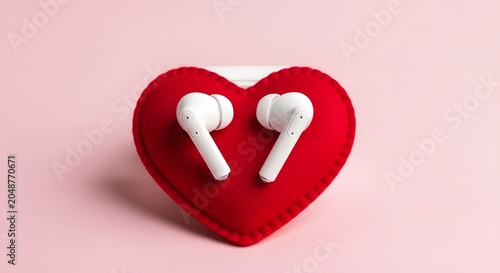 White Wireless Earbuds Resting on a Plush Red Heart Shaped Pillow Against a Soft Pastel Pink Background for Valentine Day Music Concepts