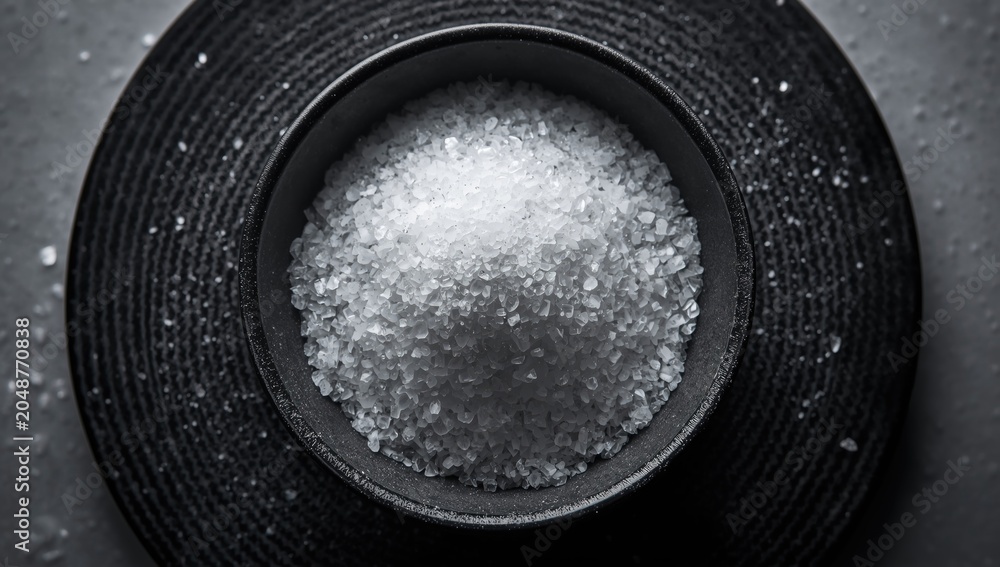 Obraz premium White citric acid crystals and scattered salt grains viewed from above in a dark bowl on textured black base