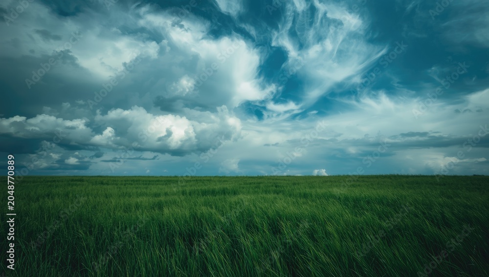 Obraz premium Rich green grass field below a vibrant blue sky with billowing clouds and dramatic cloud formations copy space