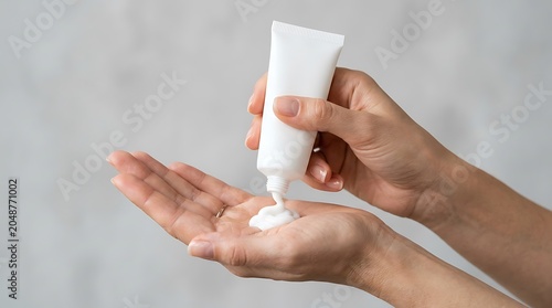 Hands dispensing white hand cream from pump bottle close up