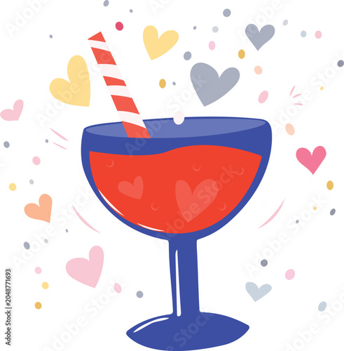 Festive Cocktail Glass with Hearts and Confetti, Vector Illustration for Celebration and Valentines Party Design