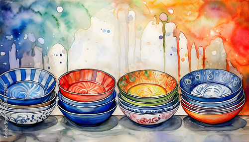Watercolor illustration of colorful patterned ceramic bowls