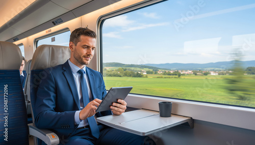 Businessman in suit using digital tablet while traveling on a high speed train