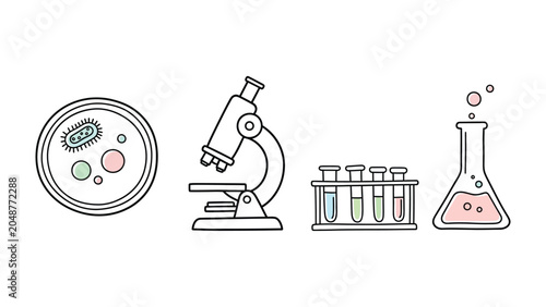 фотографія Science Laboratory Essentials: A collection of minimalist illustrations depicting essential scientific research tools - a petri dish with cultures, a microscope, test tubes, and a flask