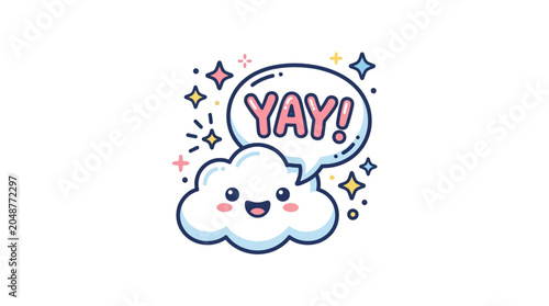Canvastavla Cute cartoon cloud with a speech bubble saying YAY and sparkling stars