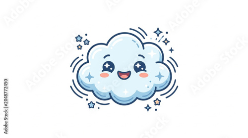 Cute cartoon cloud with happy face and sparkles.