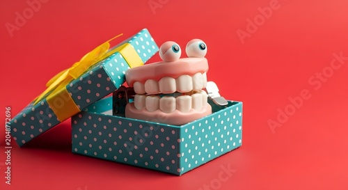 Amusing wind-up chattering teeth toy popping out of a festive polka dot gift box against a bright red background