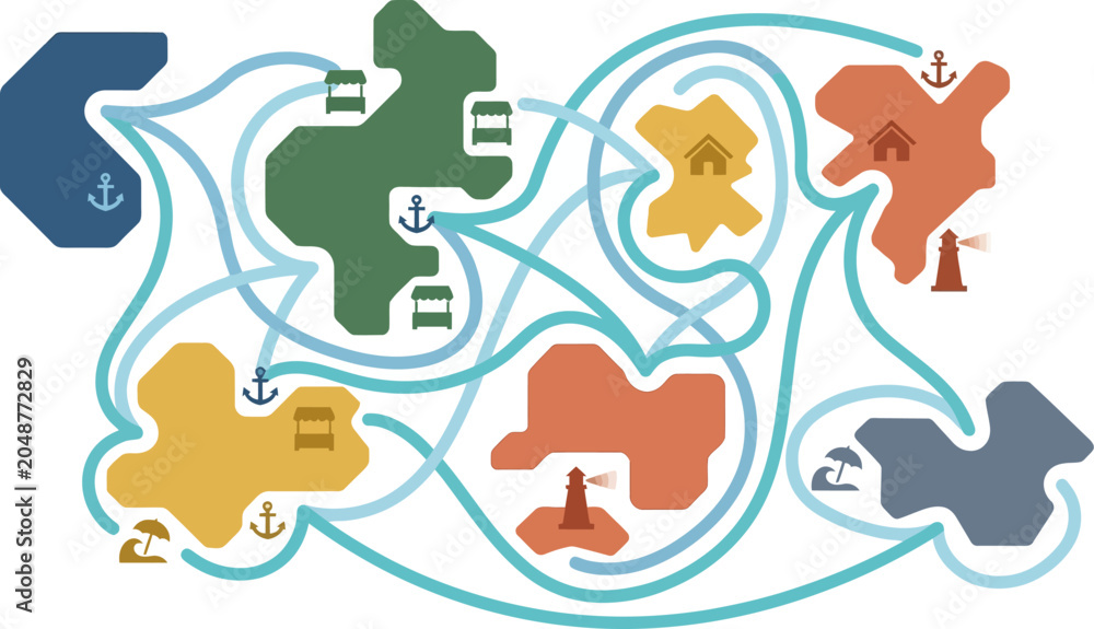 Fototapeta premium Schematic represents a complex maritime navigation route connecting various harbor ports and coastal island locations.