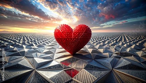 Red heart floating above futuristic cityscape at dusk.