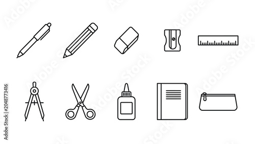 Photos School Supplies Icon Set: A collection of simple, clean line art icons representing essential school and office supplies, perfect for educational materials or organizational design