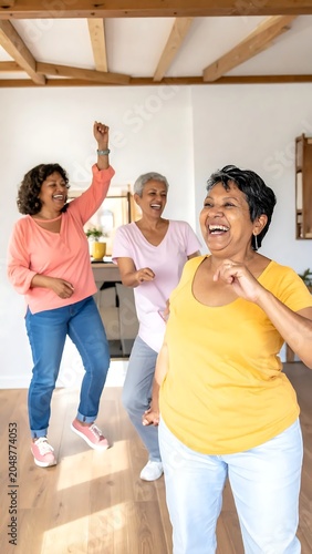 Three women dancing in a studio practicing yoga.