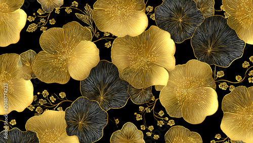 An opulent pattern featuring abstract, golden-hued flowers and dark, contrasting leaves, all against a rich black backdrop