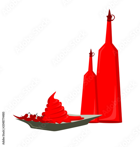Photos Red chili sauce swirl on a plate with fresh chilies and hot sauce bottles isolat