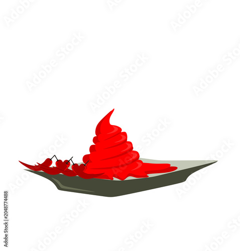 Bild auf Leinwand Red chili sauce swirl on a plate with fresh chilies isolated on transparent back