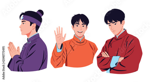 Set vector collection of men wearing traditional Chinese garments that celebrate cultural heritage and historical identity, ideal for education, tourism, festivals and multicultural designs