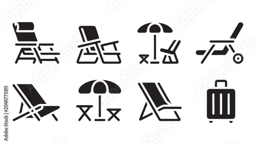 Fotografija Beach chairs and umbrella collection in glyph style perfect for summer travel and leisure