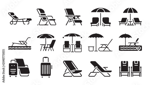 Konstfotografi Summer vacation and relaxation icons with beach chairs, umbrellas, and luggage