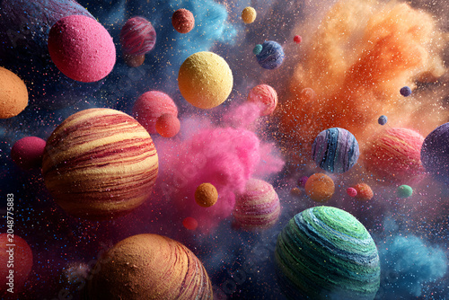A vibrant cosmic display featuring numerous multicolored spheres amidst dynamic clouds of contrasting powdery hues, resembling planetary bodies